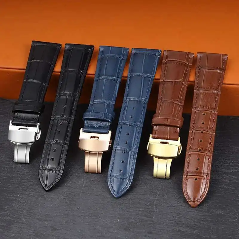 

Business Casual Black Brown Genuine Calfskin Leather Watch Band Strap Butterfly Buckle Crocodile Pattern Bracelet 18 20 22 24 Mm