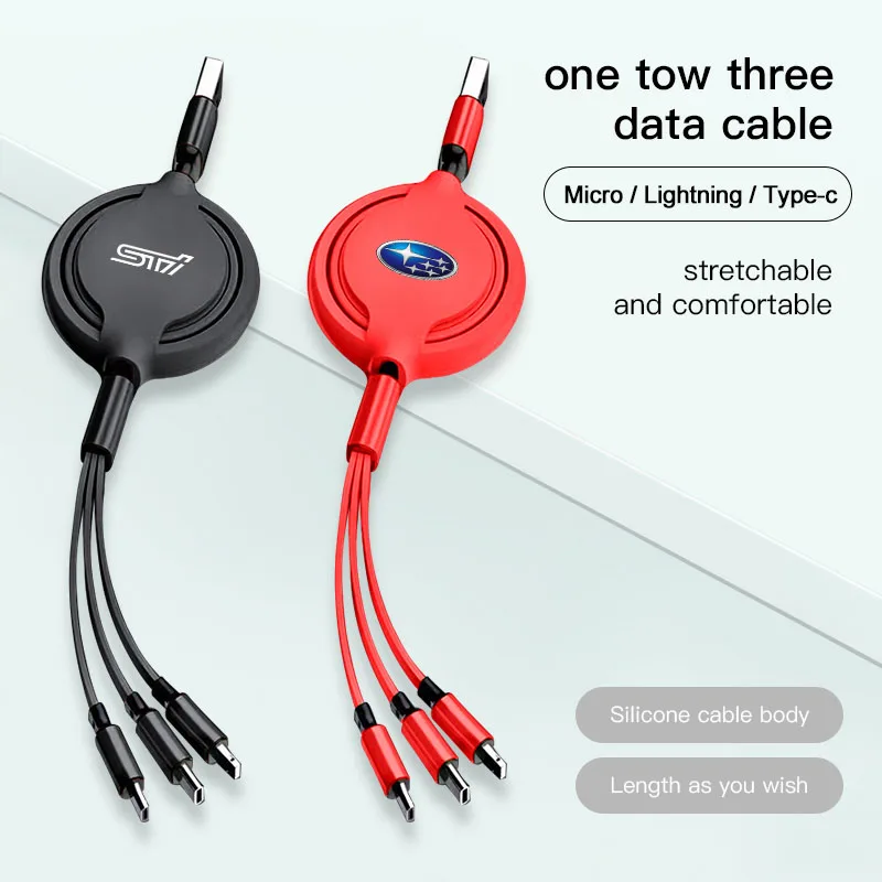 3 In 1 Retractable Car Logo Fast Charging Cable For Subaru STI Impreza Legacy WRX BRZ Forester XV Outback Levorg Exiga Crosstrek