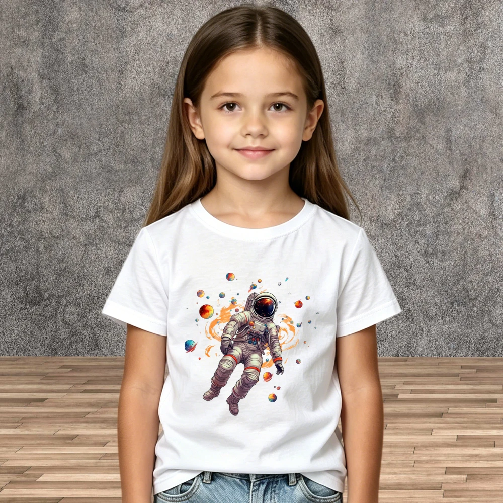 

Stylish Unisex Kids Tees Astronaut Graphic Print Summer Cotton Short Sleeve Tops