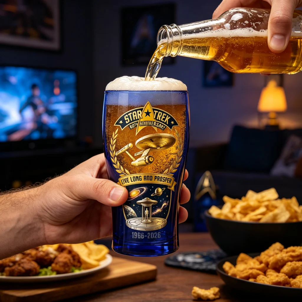 Star Trek Inspired 60 Year Commemorative Blue Beer Glass Enterprise Starship Waterproof Sticker Pub Tumbler Sci-Fi Fan Home Bar
