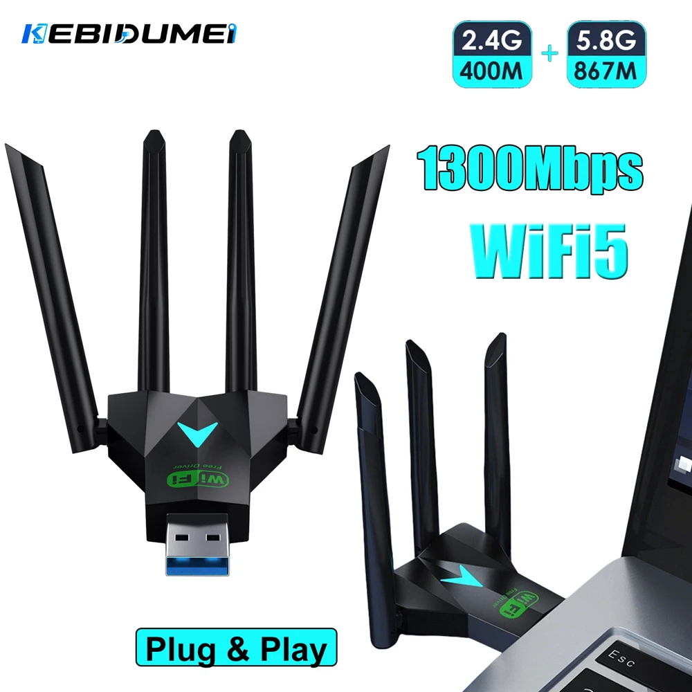 KEBIDUMEI WiFi5 USB Adapter Dual Band 2.4G+5Ghz 1300Mbps Dongle USB3.0 High-Speed 4-Antennas Wireless Receiver For PC/Laptop