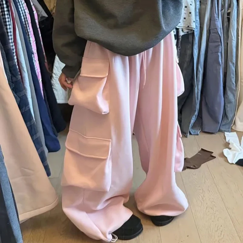 

Широкие брюки-карго, женские винтажные уличные брюки с карманами, свободные повседневные спортивные брюки в американском стиле ретро, спортивные штаны в стиле Харадзюку с высокой талией