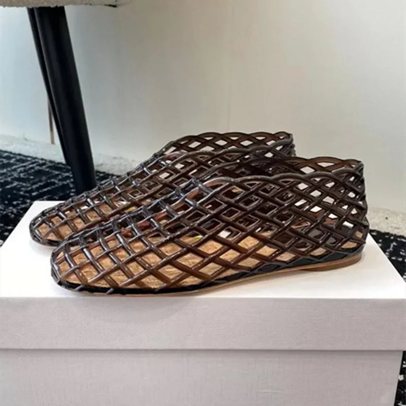 Sandalias con agujeros de malla para mujer, zapatos planos transpirables cómodos, mocasines elegantes de pescador, diseño de marca de moda, Verano