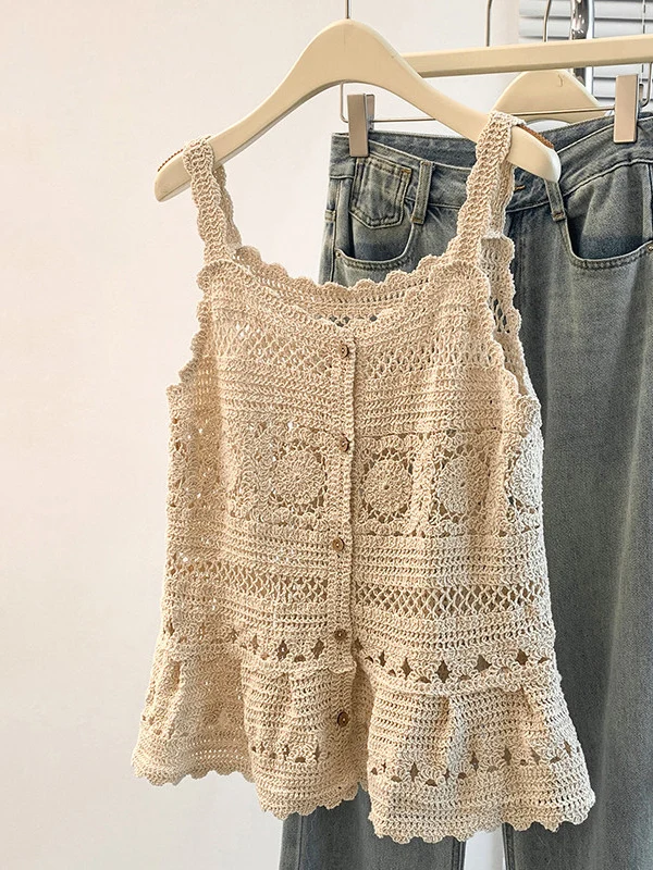 Women's Lace Hollow out Strap Vest plus Size Puffy Hem Layering Tank Top U-Neckline A-Line Narrow Strap Vest Casual Wear
