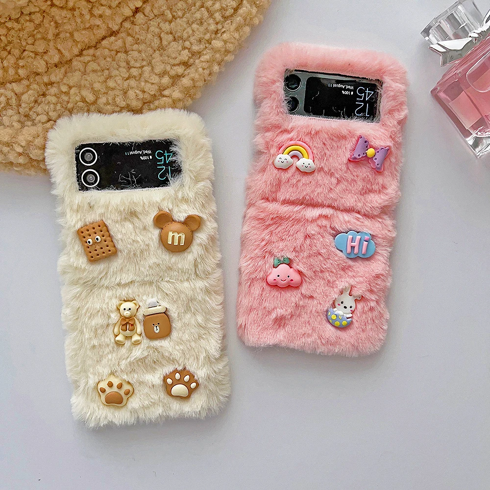 Cute 3D Biscuit Bear Rainbow Rabbit Hairy Phone Case For Samsung Galaxy Z Flip 5 Z Flip 4 Z Flip 3 Winter Warm Plush Back Cover