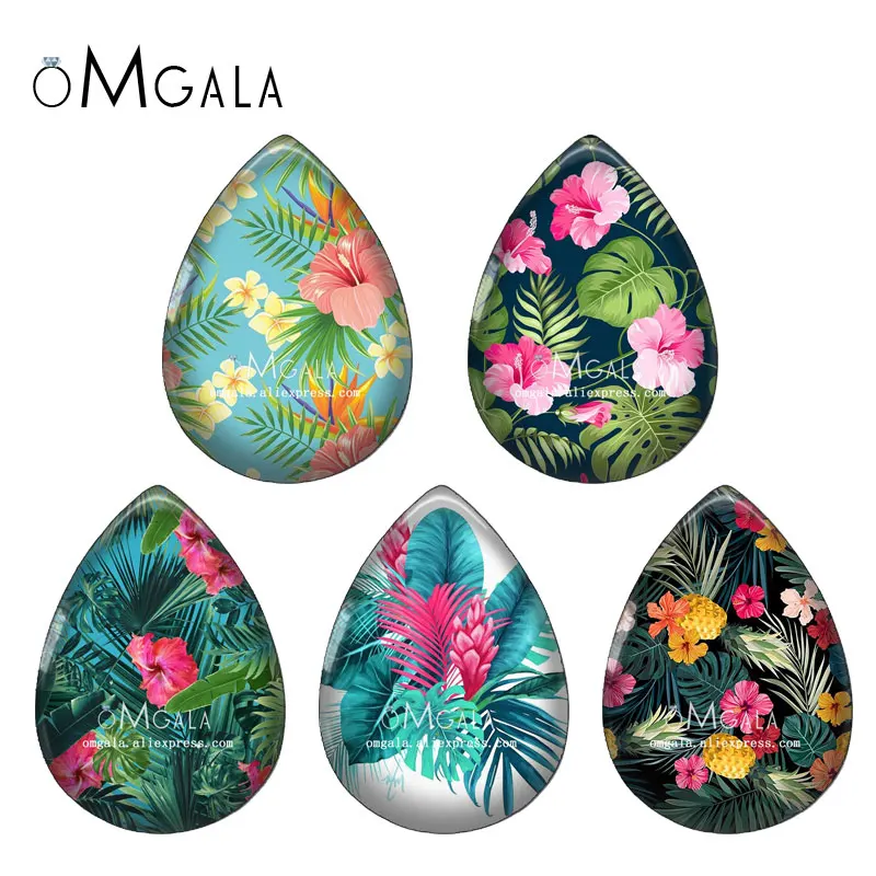 Fashion Tropical Platns and Flower Illustrations 13x18/18x25mm Photo Glass Cabochon Flat Back For DIY Jewelry Making Findings