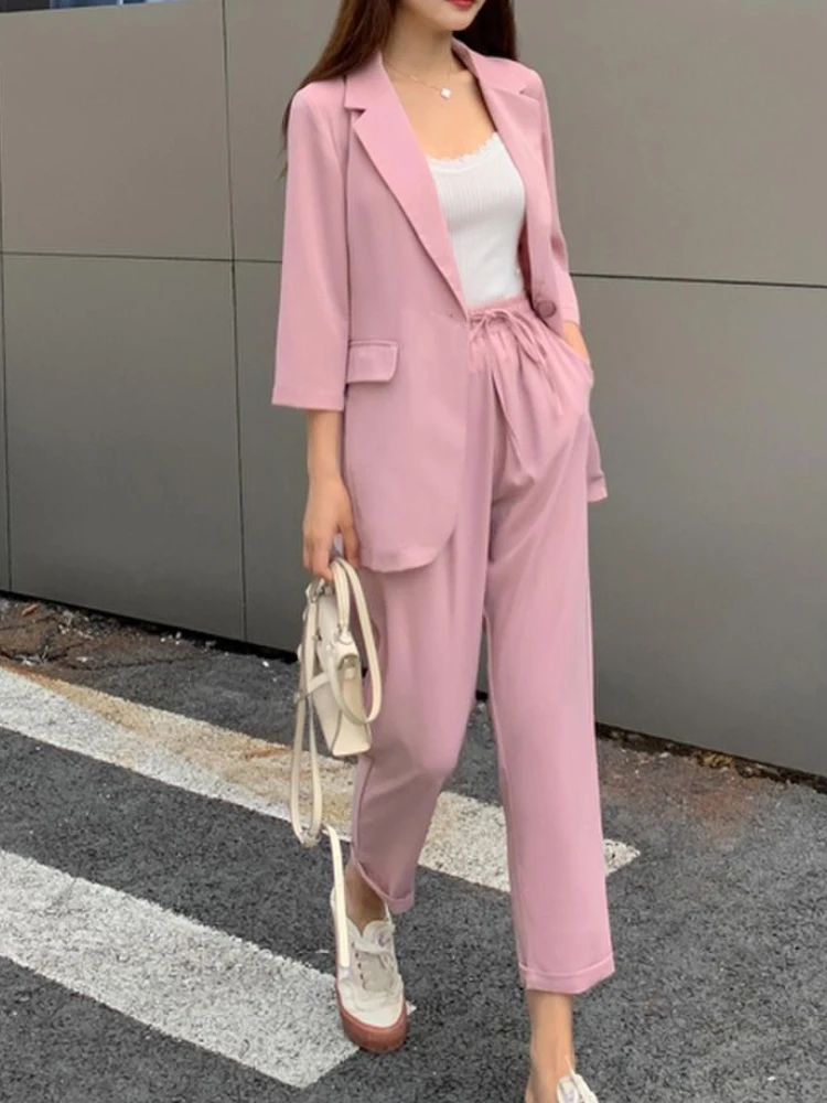 Women\'s Spring Summer Casual Office Suit Solid Color Blazer Pantsuits Button Jacket And Straight Pant 2 Piece Set Female Outfits