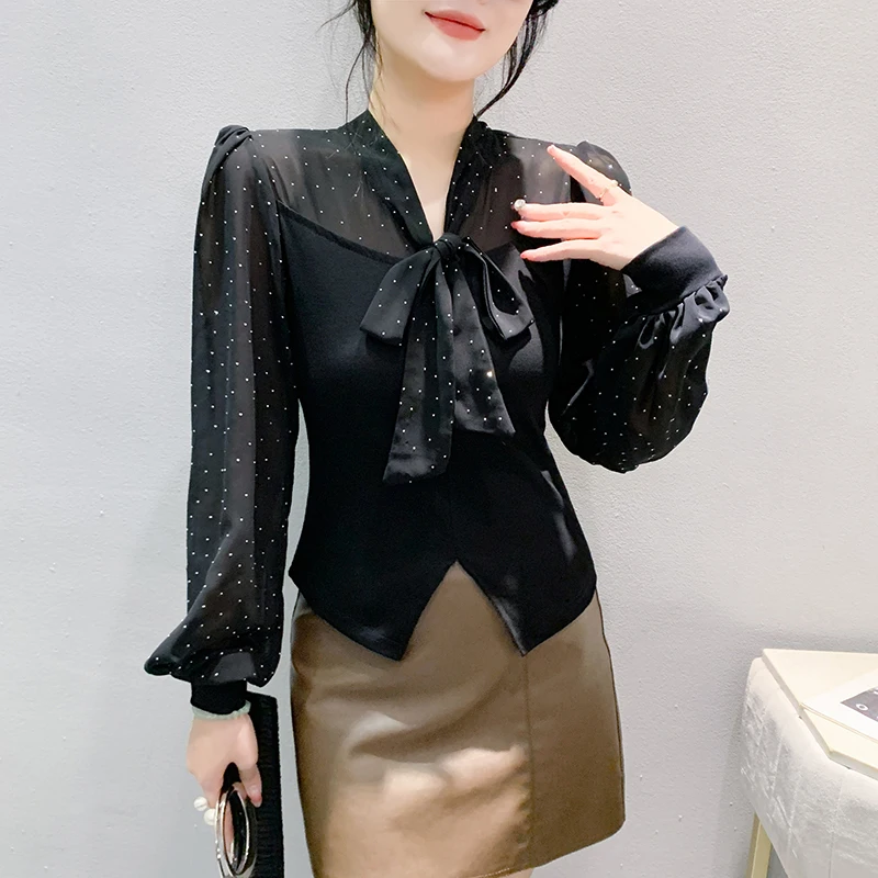MadBlack-Women European Chiffon Shirt, Sexy V Neck Diamond, Hotsweet Lantern Sleeve M-3XL Knit Blouse, 2026  Autumn New T68810CC