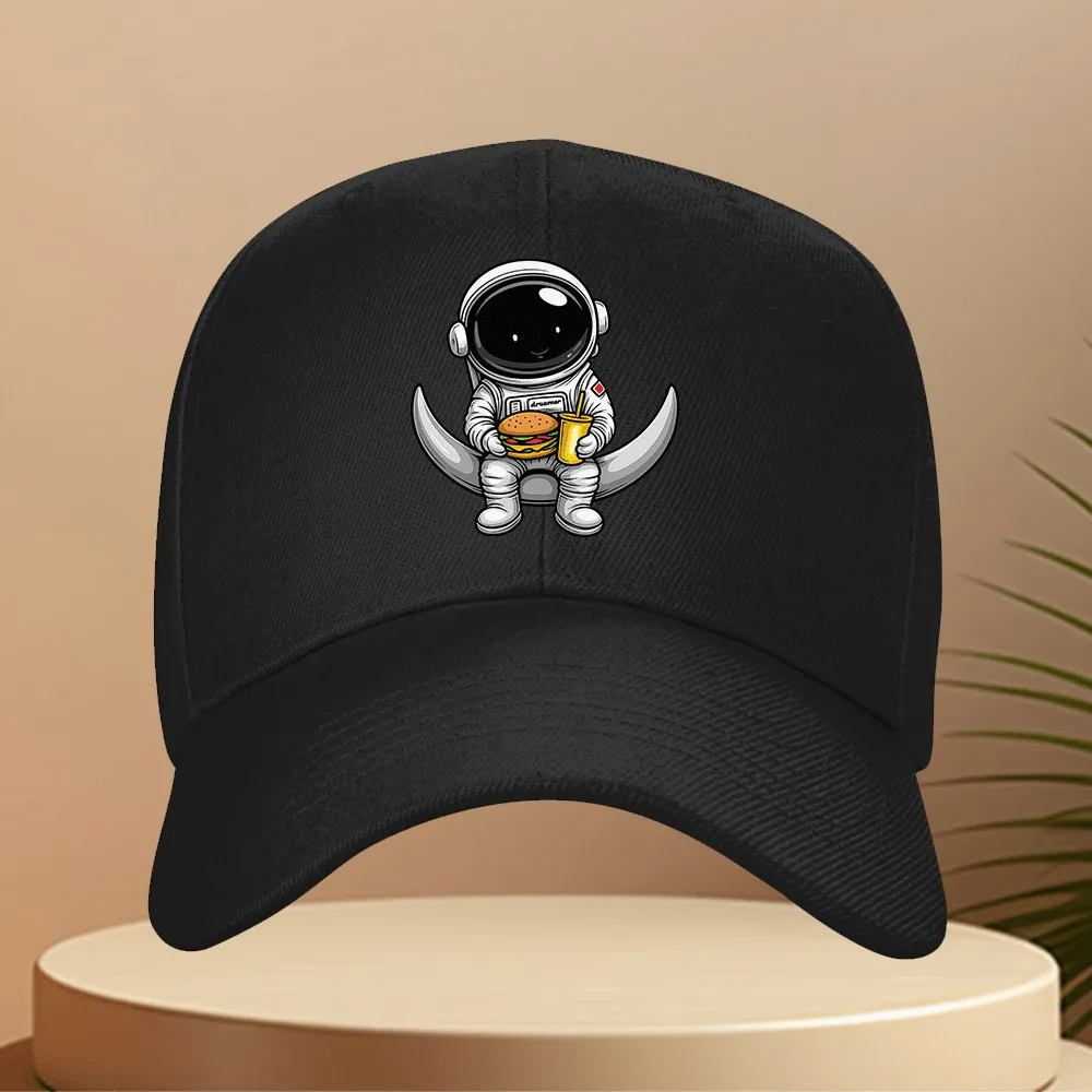 Astronaut Eating Burger Moon Relaxing Baseball Cap Unisex Polyester Casual Outdoor Adjustable Cap