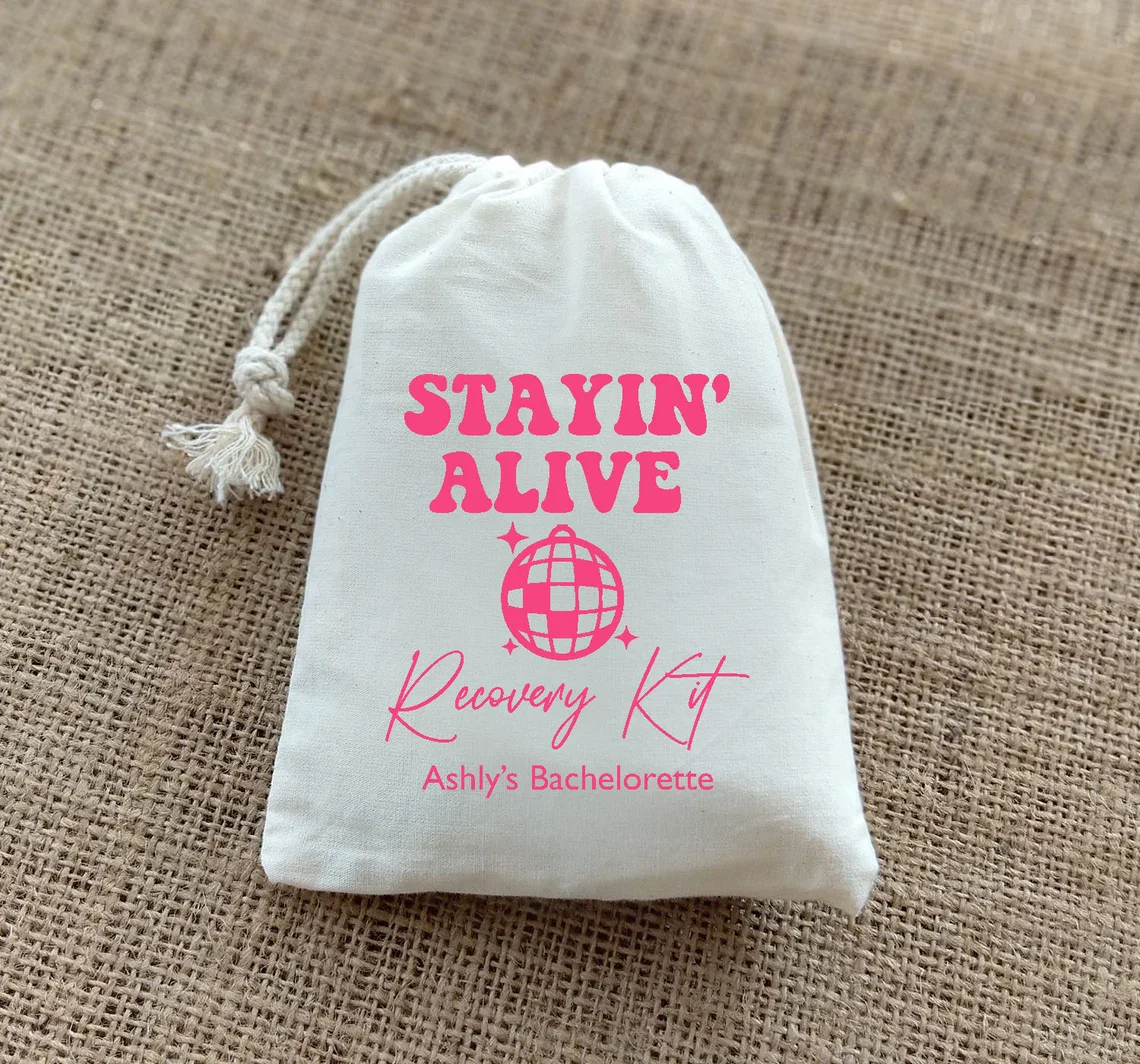 25 PCS Stayin' Alive Hangover Recovery Kit-Bachelorette Party-Disco Bachelorette Party-Hangover Kit Over Night bagso W