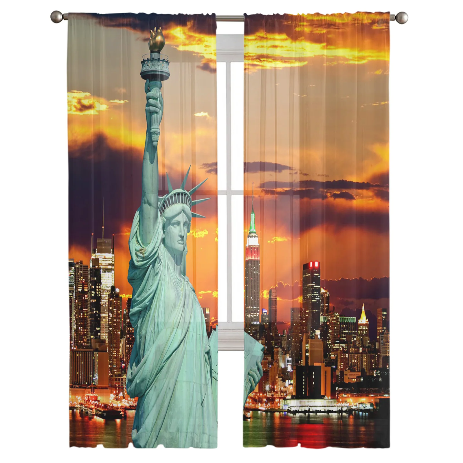 Statue Of Liberty Dusk Empire Tulle Sheer Curtains for Living Room Home Kitchen Decor Window Curtains Hotel Bedroom Voile Drapes