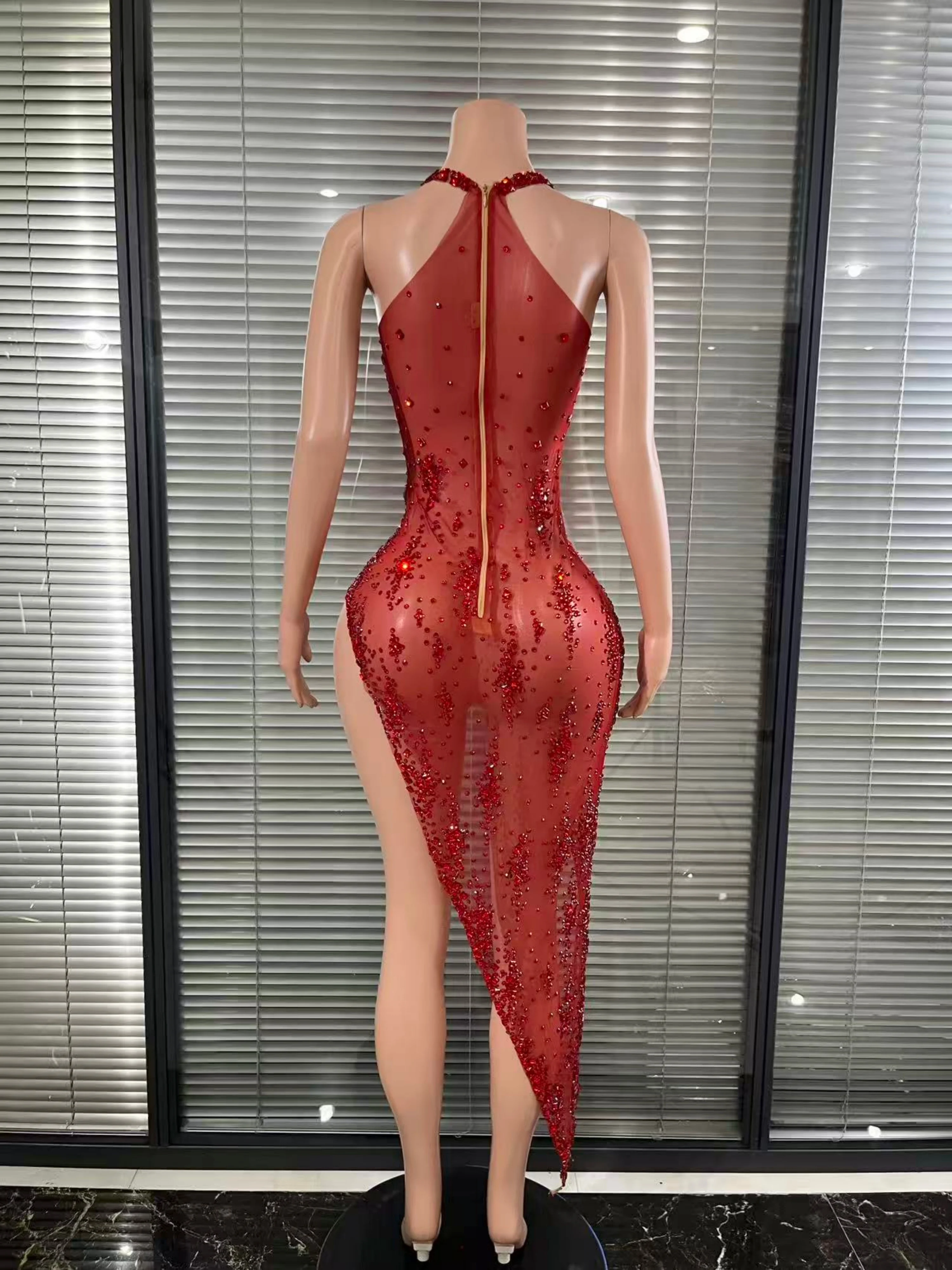 Luxus Sexy Sparkly Strass V-ausschnitt Stretch Mesh Sexy Durchsichtig Kleid Elegante Party Feiern Durchführen Kostüm Bühne Outfi