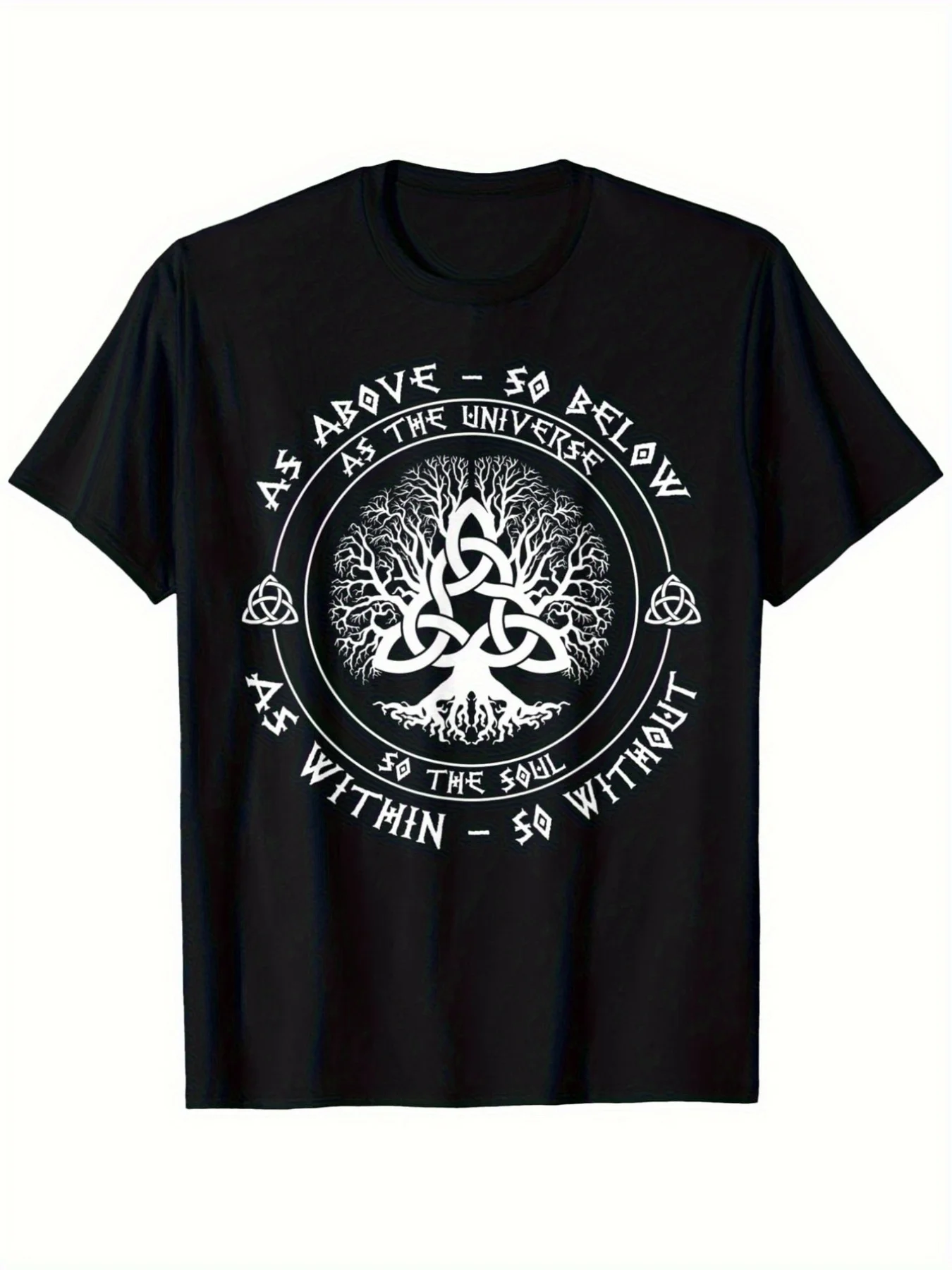 1 Celtic Tree of Life T-shirt, 200G Heavy Loose Version, Black Backing, Decorated with White Celtic Knot and Celtic Cross Symbol, Inspired By Kabbalah,