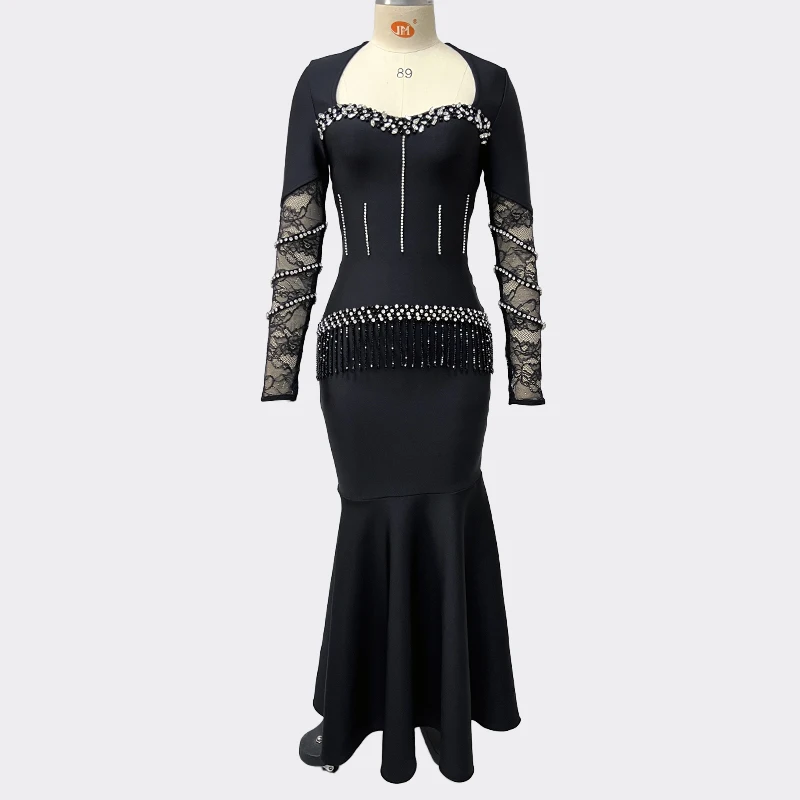 ผู้หญิงนิลสีดําแขนยาวเอวชุดนางเงือก Cascading Beading SHEER ลูกไม้แขนชุดราตรีอย่างเป็นทางการ ​