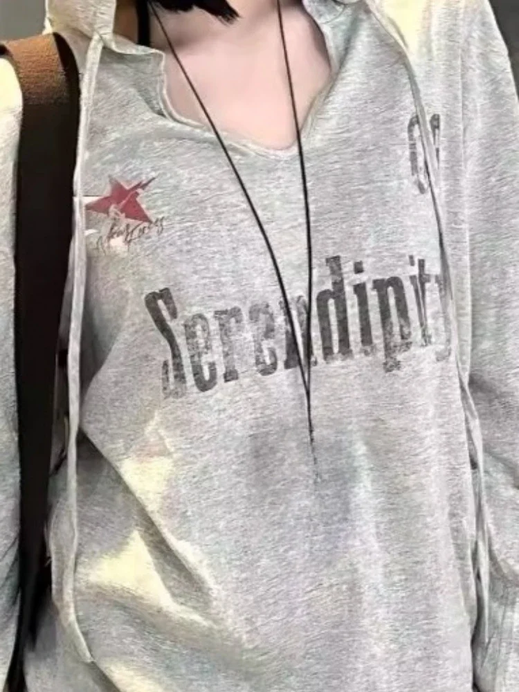 Y2k Aesthetic Letter Printing Hooded Tshirts Harajuku Women Casual Loose Streetwear Tees 2025 Preppy Style Grunge Autumn T-shirt