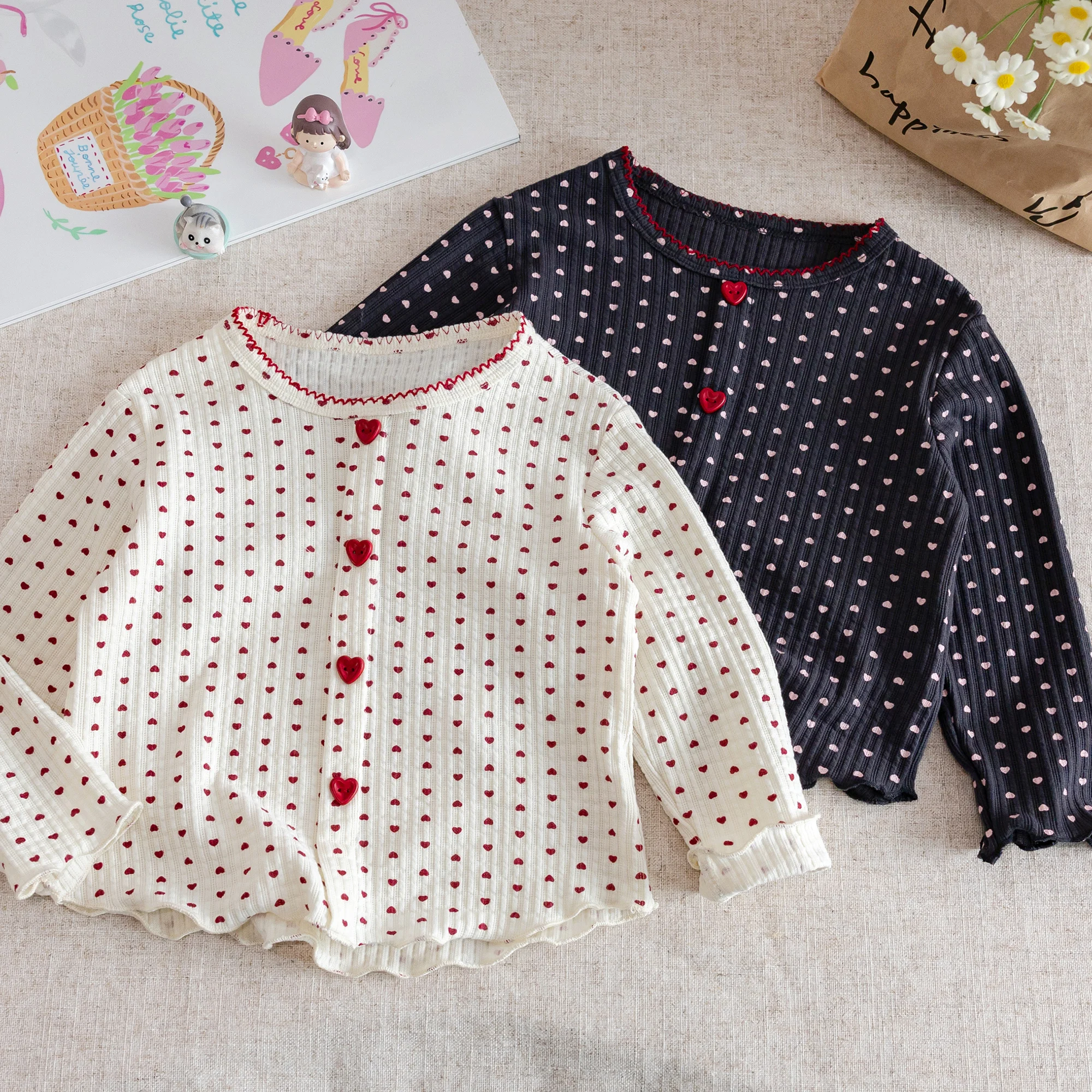 

Kids Girls Hearts Print Tops Shirt Hearts Button Long Sleeve Soft Bottom T-Shirts 1-6Y Children Spring Fall Leisure Blouses