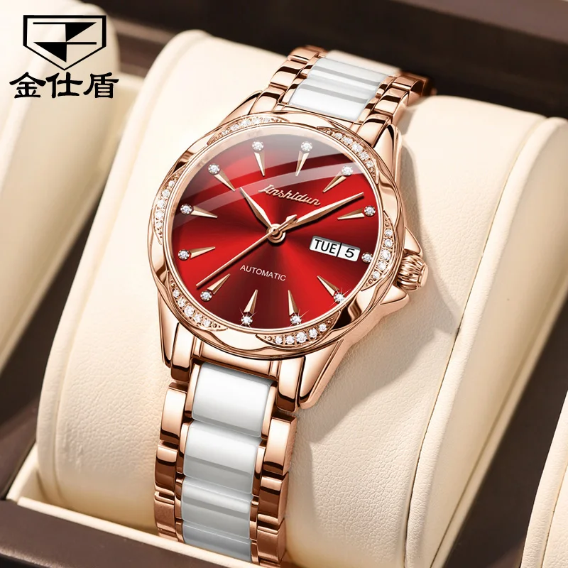 

JSDUN Elegant Lady Watches Ceramic Tape Fully Automatic Mechanical Watch Waterproof Week Calendar Red Dial Fashion Female Watch