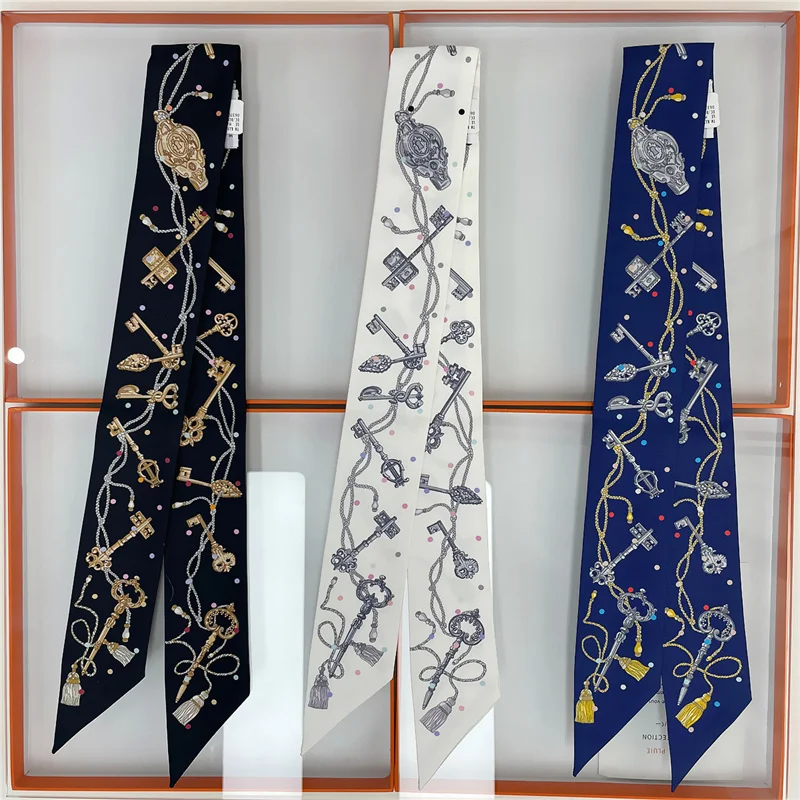 POBING Wheel Print 18m/m Twill Silk Scarves Women Luxury Brand Scarf Bag Ribbons Tie Head Scarf Small Long Skinny Scarf 86*5CM