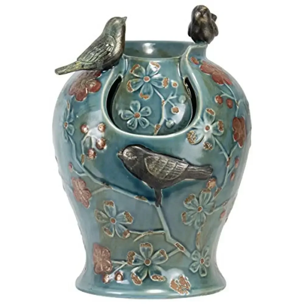 

Blue Verdigris Bird LED Indoor Water Fountain with Pump and Pebbles Hand Glazed Ceramic Décor Distressed Floral Finish Variable