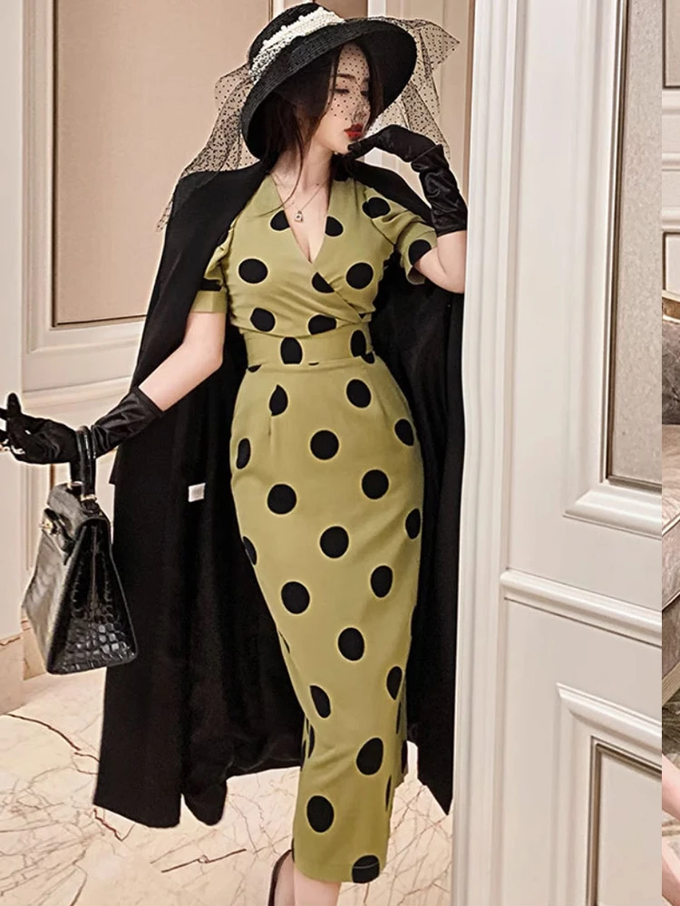 Women Clothes Formal Occasion Retro Dot Print Puff Sleeve Slim Midi Pencil Dress Elegant Lady Party Vestido Casual Summer Korean