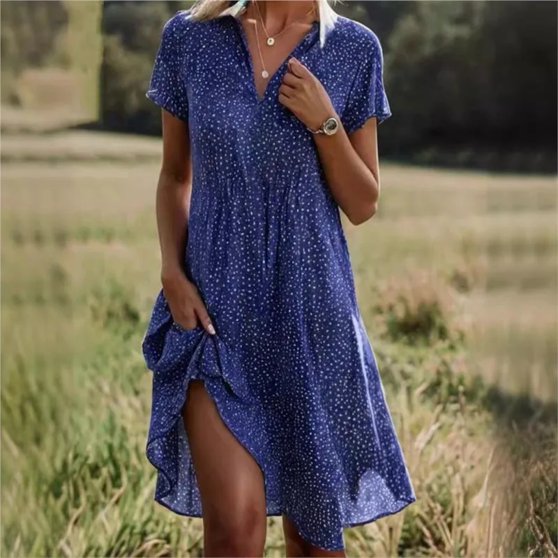 New Summer Casual V-neck Pullover Short Sleeved Printed Polka Dot Shirt Dress Women's Loose Waist A-line Midi Dress Femme Robe