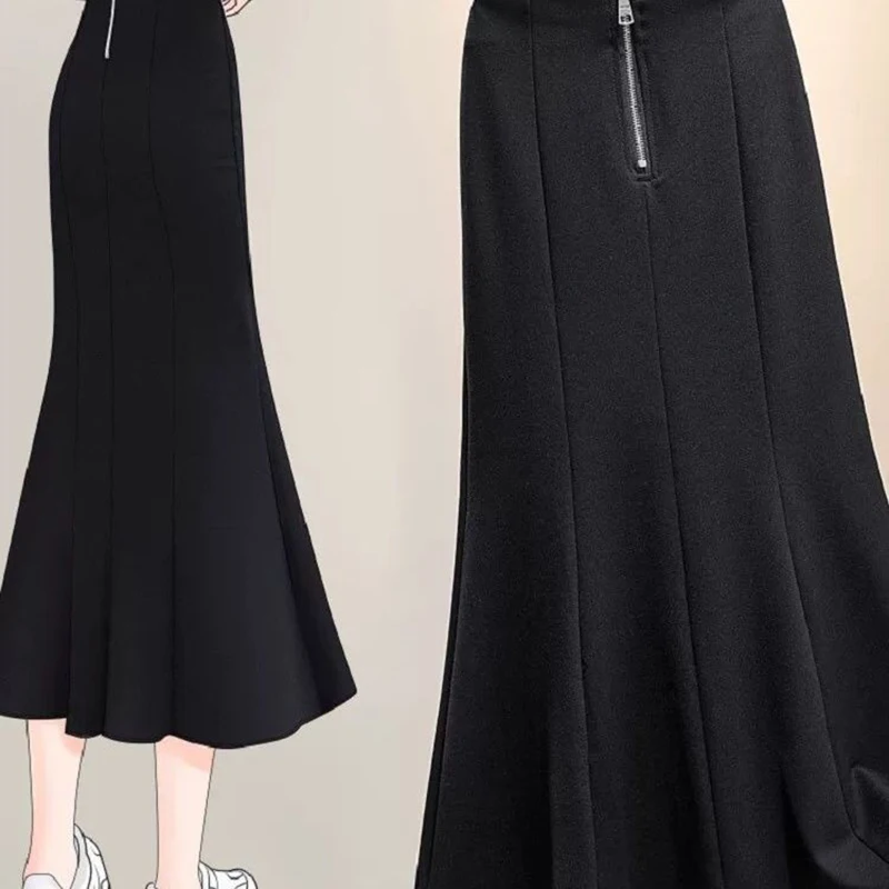 Spring and Autumn New Solid Color Zipper Half Skirt Women Black Elastic High Waist Slimming Elegant Medium Long Tail Skirt