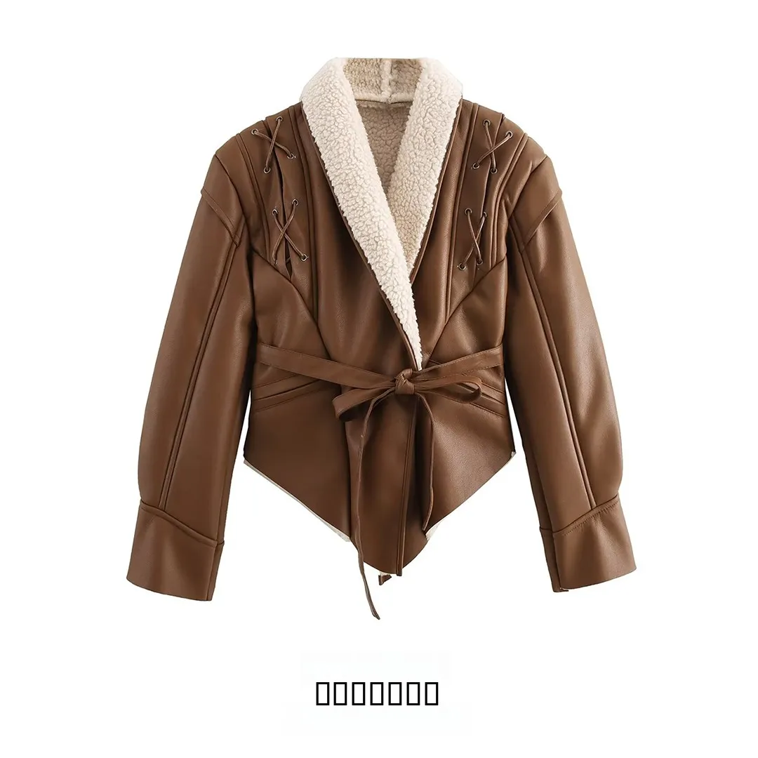 

KASLEAD New Women's Faion Irregular Tied Waist Leather And Fur Jaet Coat Long Sve Turn-down Collar Polyester Fiber