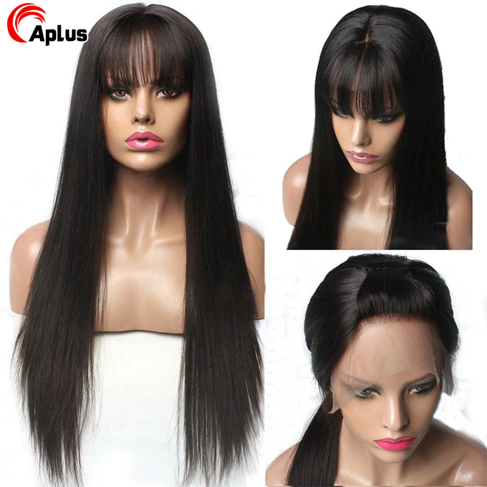 Wig lurus renda depan dengan poni renda Wig rambut manusia untuk wanita Brasil tanpa lem 13x4 HD Wig Frontal dengan poni