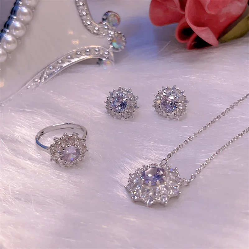 925 sterling silver high-end purple zircon exquisite earrings full of diamonds ring necklace noble three piece set for women