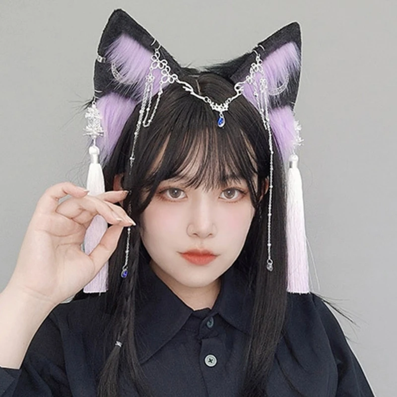 Women Animal Wolf Ear Shape Hairband Tassel Pendant Plush Headband Furry Anime Cosplay Hair Hoop Girls Party Costume Photo Props