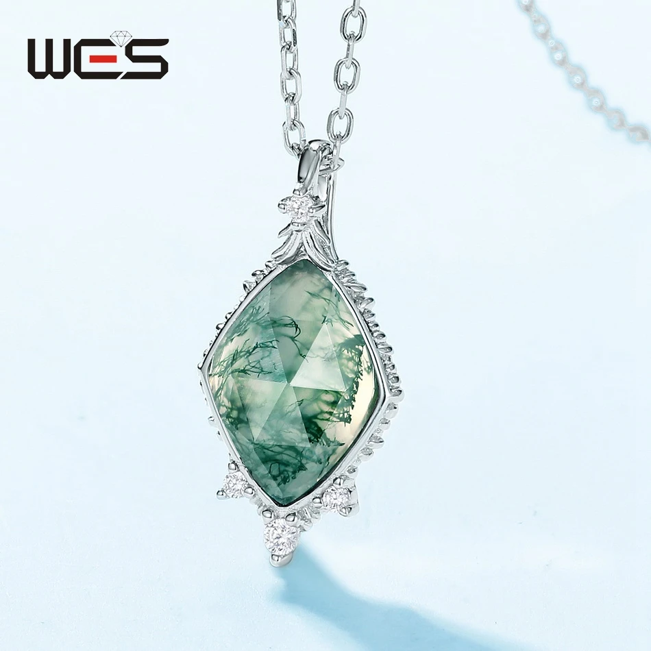 WES 925 Sterling Silver Natural Stone 8*11mm Moss Agate Pendant Necklace for Woman Exquisite Lady Gifts Certified Jewelry