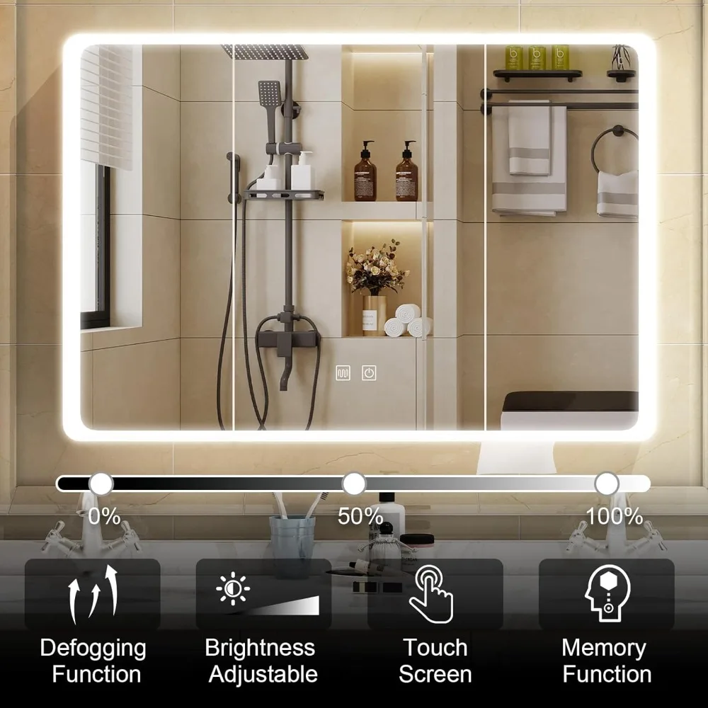 Lemari Obat, Lemari Kamar Mandi dengan 3 Pintu, Lampu LED, Penghilang Embun, Lemari Cermin dengan 8 Rak Penyimpanan