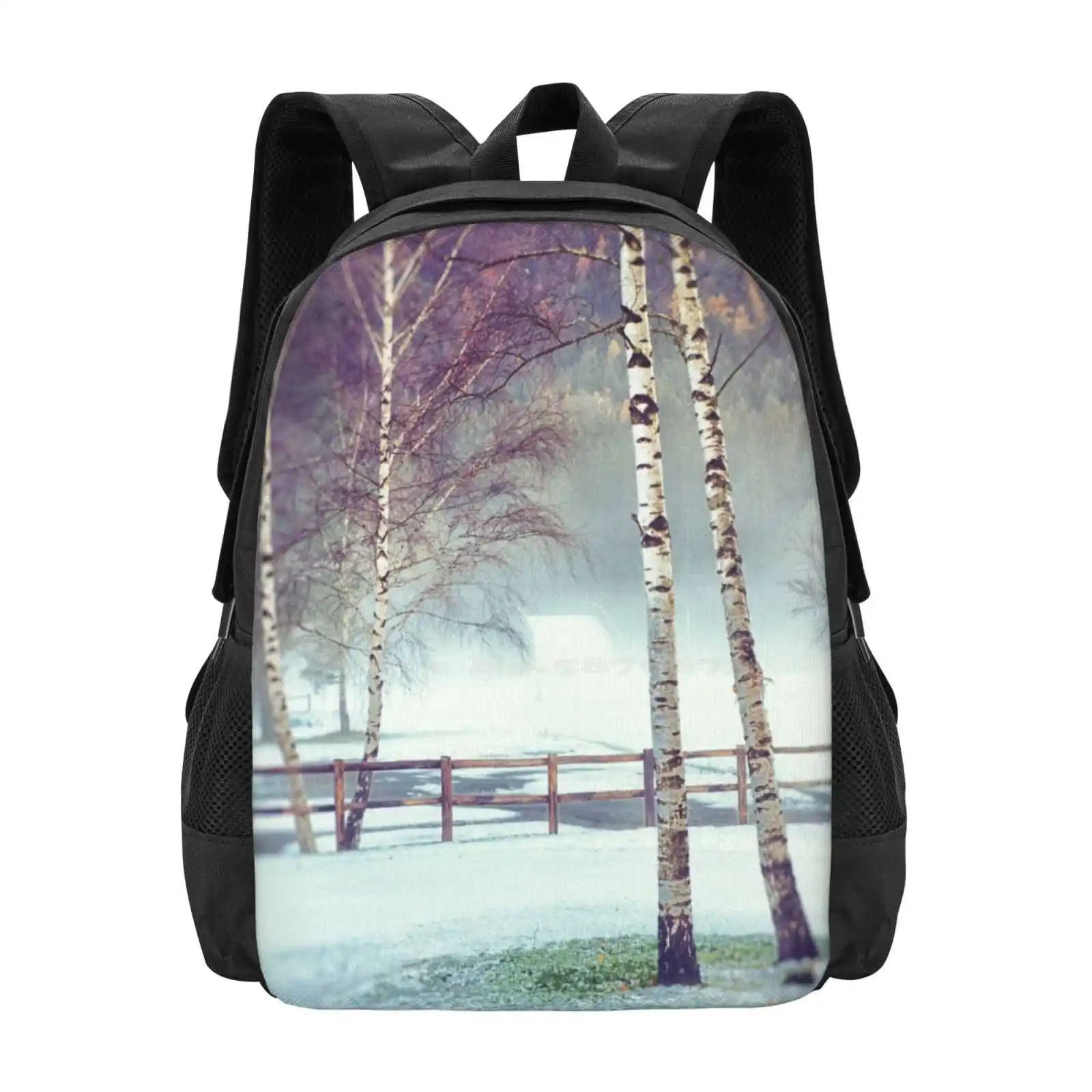 Two Birches New Arrivals Unisex Bags Student Bag Backpack Birches Wood Winter Wintry Snowy Seasonal Trees Foggy Misty Dreamy