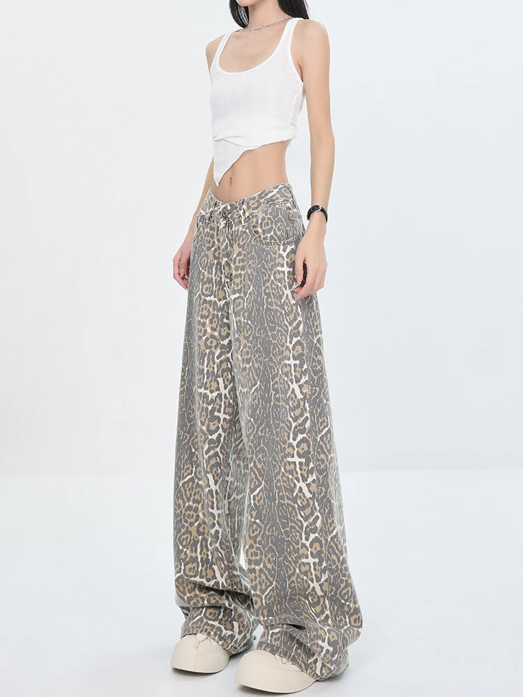 Baggy Leopard Print Jeans Women American Vintage Oversized Casual Wide Leg Trousers High Waist Straight Denim Pants