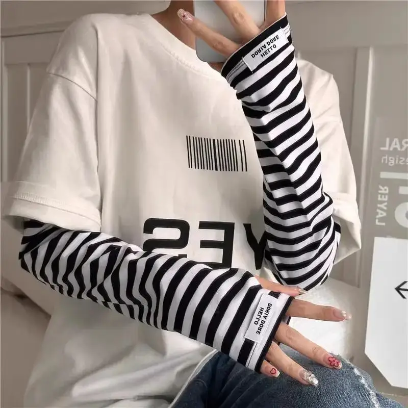 Rainbow Stripe Cooling Arm Sleeves for Women Ice Silk UV Protection Colorful Casual Fashion Summer Outdoor Loose Fit Arm Cover
