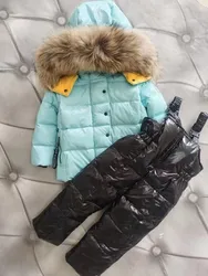 2022 New Winter Jacket Children down jackets & pant duck down Brand Raccoon Fur  Hood girl snowsuit set outerwear ski suit Parka