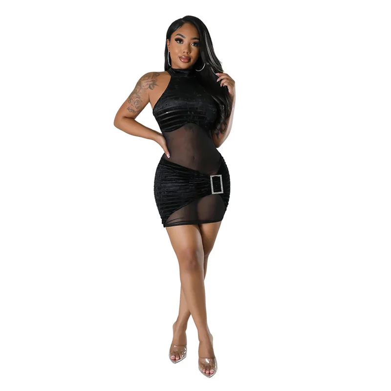 2023 Women Sleeveless Sheer Mesh Patchwork Bodycon Sexy Mini Party Dress Woman Black White Slim Night Club Tank Dress Outfits