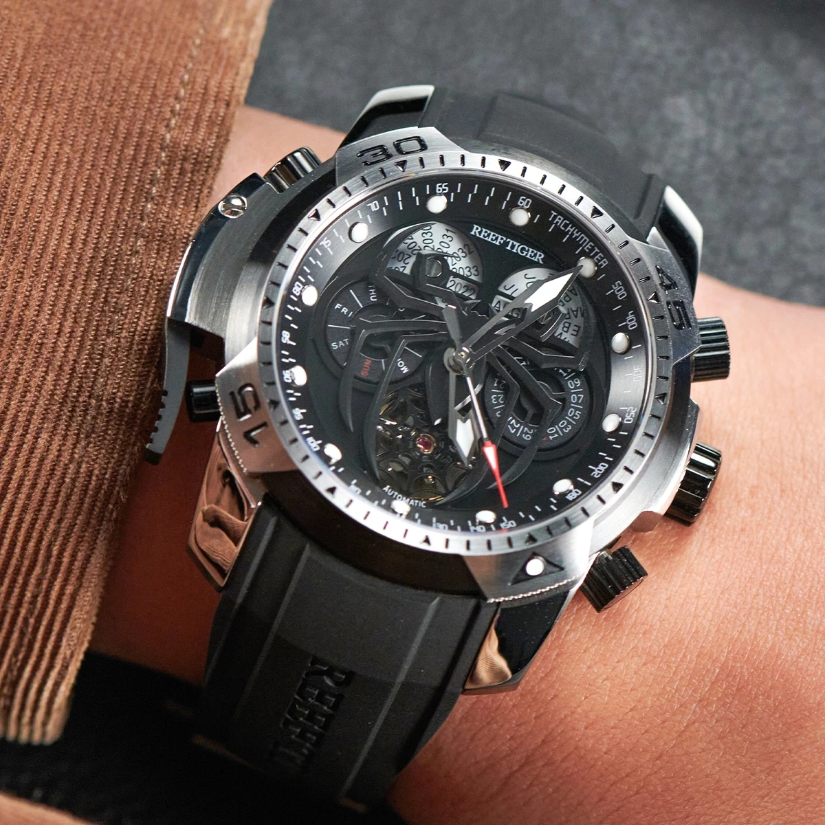 Reef Tiger/RT Rubber Strap Men Sport Automatic Mechanical Watch Spider Dial with Year Month Week Date Multifunction Watches