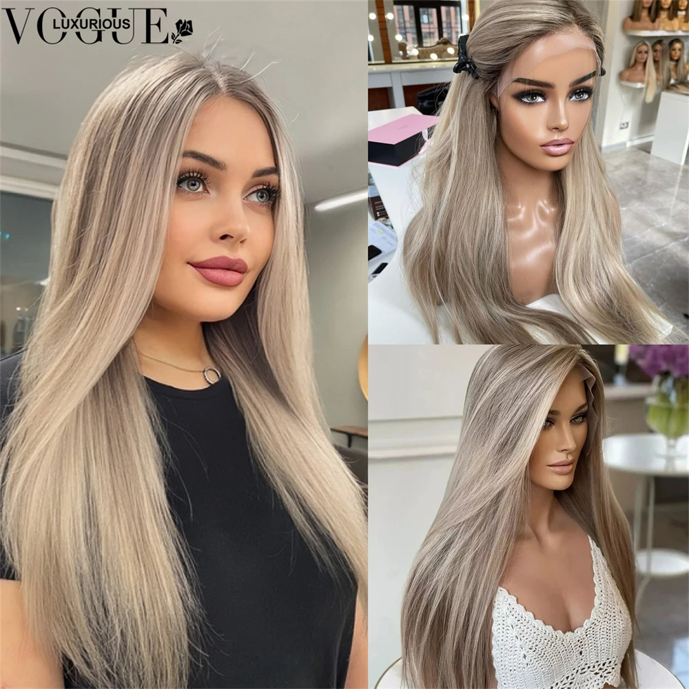 Cool Ash Blonde Human Hair Wigs With Brown Roots 13x4 Transparent Lace Front Wig Human Hair Highlight Straight Pre Plucked Wigs