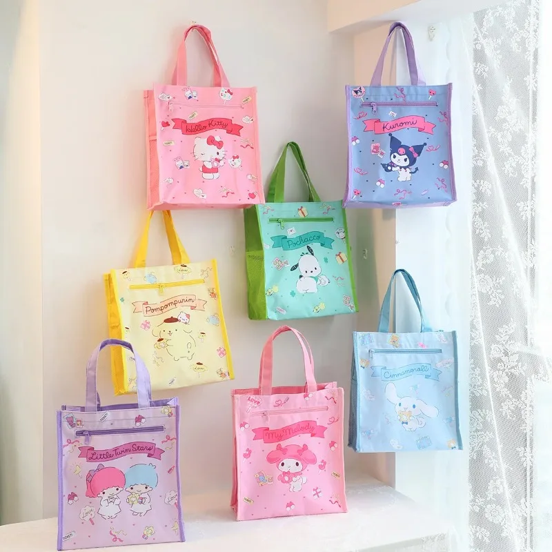 

New Hello Kitty Oxford Cloth Double Layer Art Bag Cute Cartoon Print Student Handbag