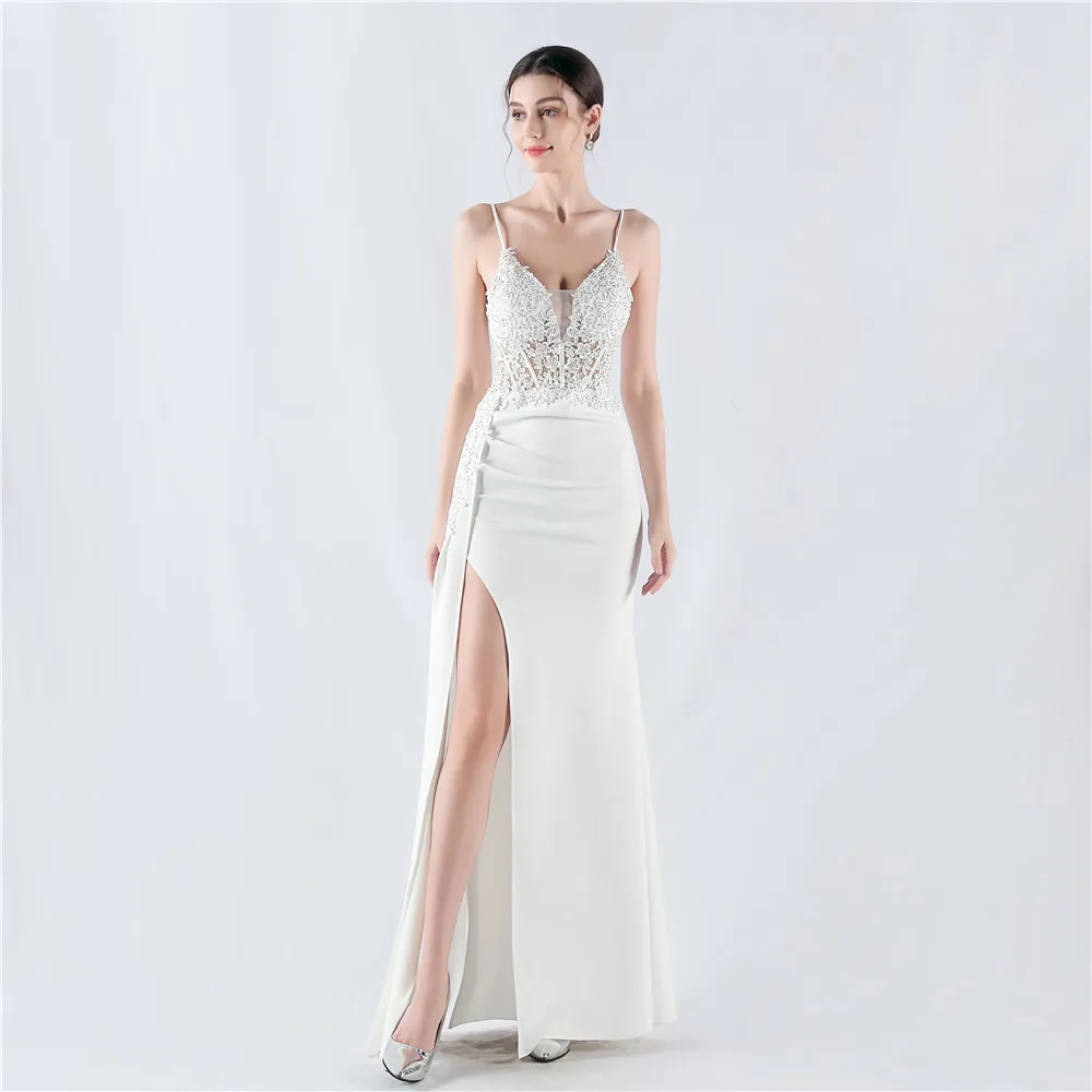 Sladuo Women's Spaghetti Straps Appliques  V Neck Maxi Dress Elegant Slit Evening Party Cocktail Long Mermaid Wedding Dresses