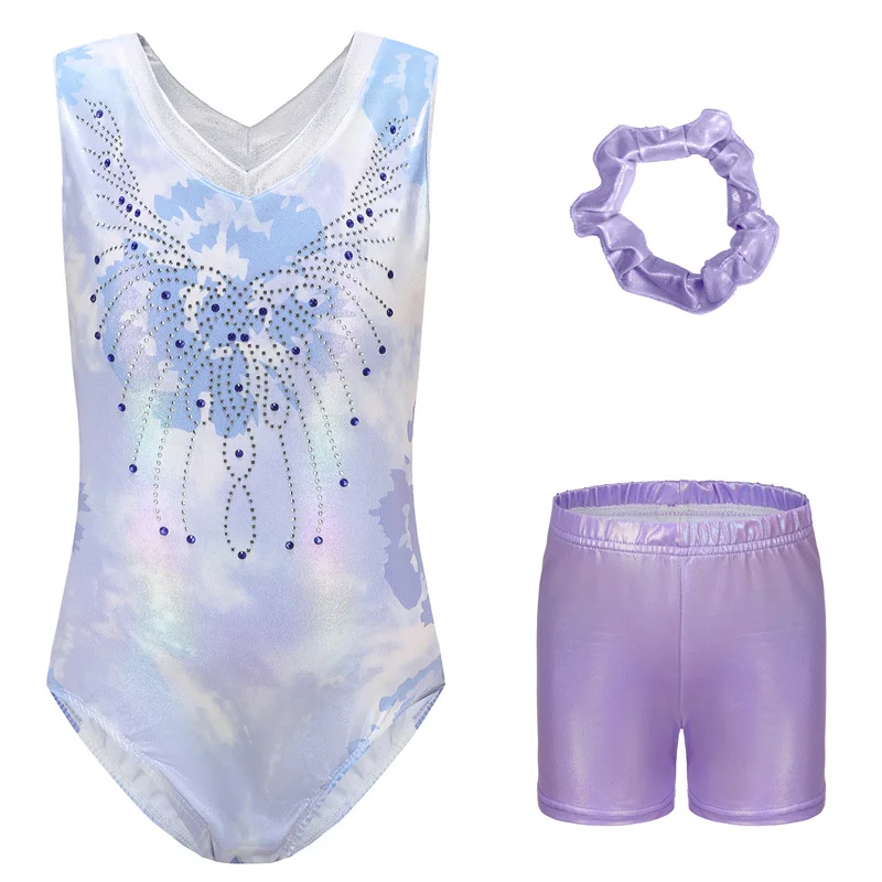 Offre spéciale de haute qualité enfants filles enfants brillant sans manches strass ensembles de gymnastique justaucorps métalliques avec short