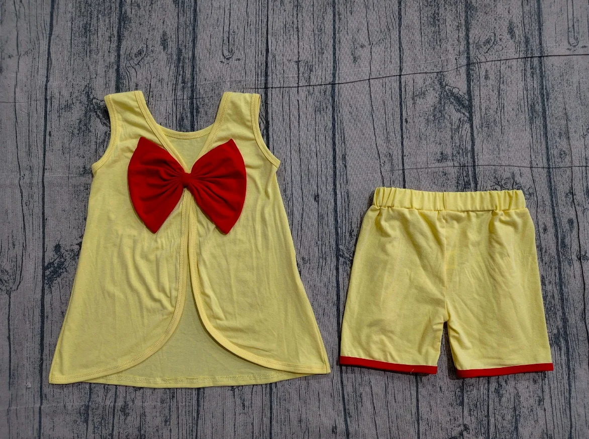 Wholesale Baby Girl Sleeveless Yellow Bow Tunic Kids Ruffle Shorts Girls Summer Clothes Children Toddler Outfit Cotton Clothes