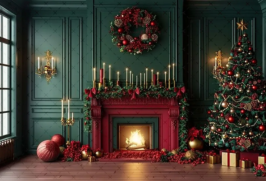 Mehofond Photography Background Green Christmas Fireplace Gifts Xmas Tree Children Family Portrait Decor Backdrop Photo Studio