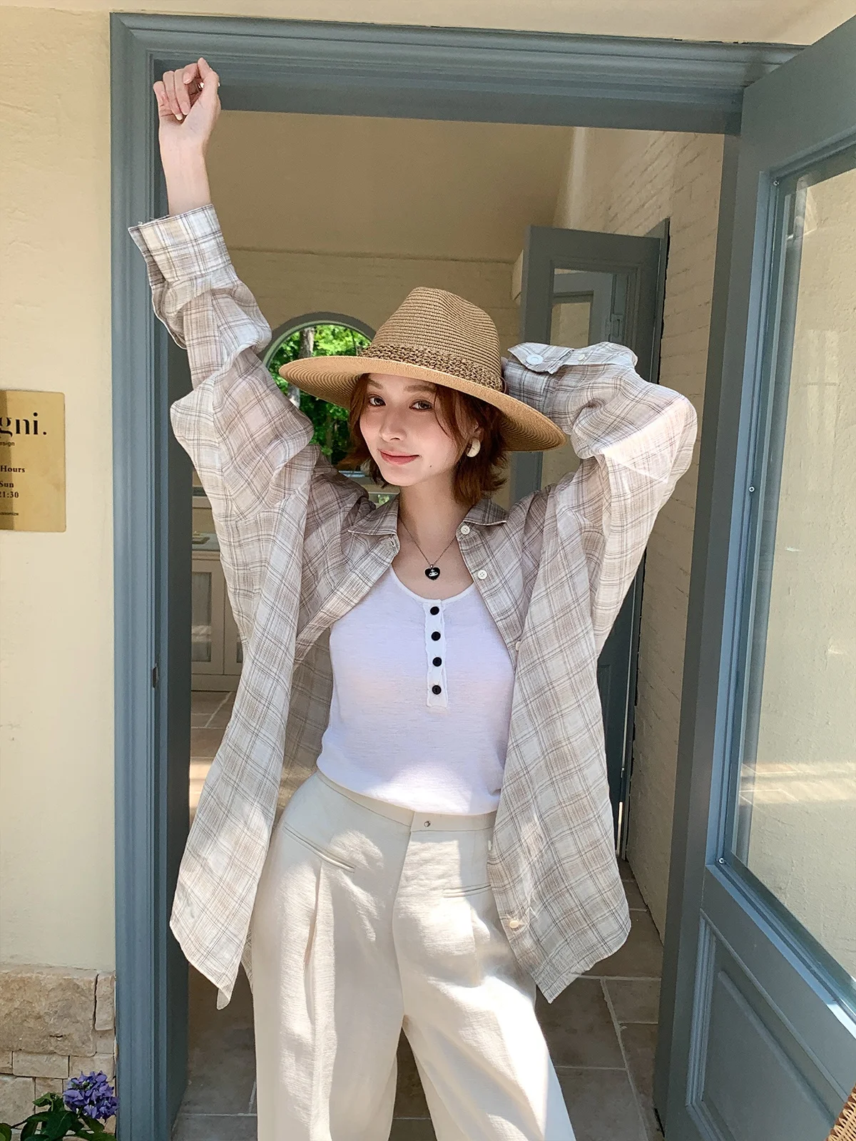 

Summer Loose oulder Long Sve Color Woven Hemp irt Women's Plaid irt Dali up Comfortable Breathable Casual irt