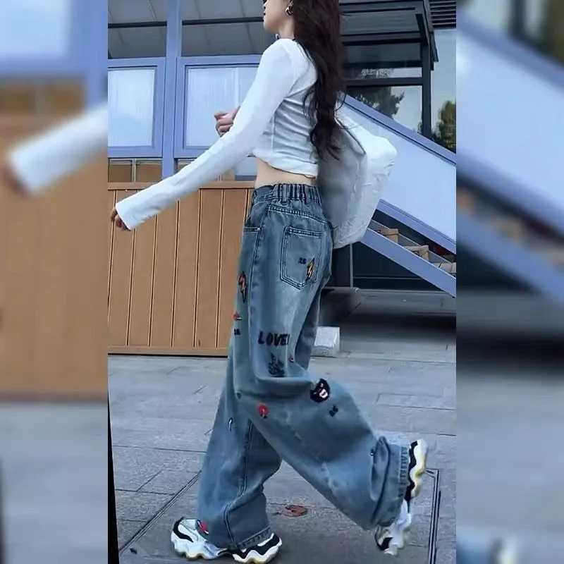 European-style Embroidered Jeans Bestseller Women Autumn Large-sized Pear-shaped Slimming Wide-leg Pants with A Drooping Effect