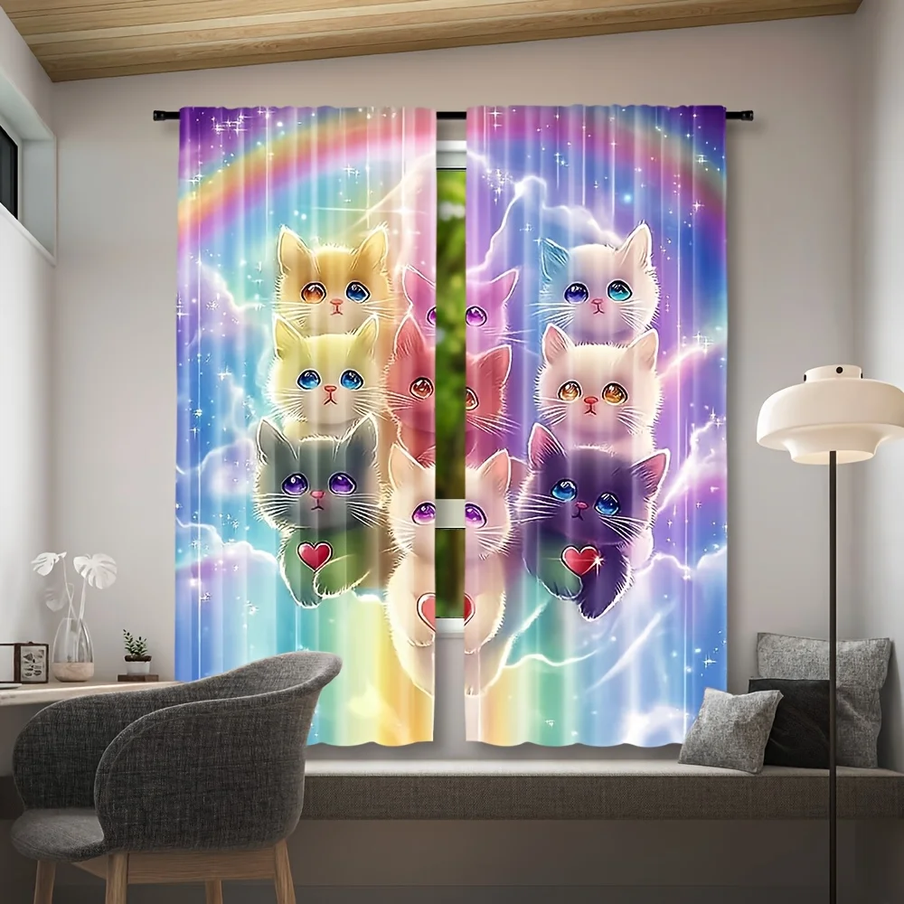Cute Kitten Rainbow Curtain, Galaxy Cat Print Drape, Fantasy Animal Window Treatment for Kids Room Bedroom Home Decor