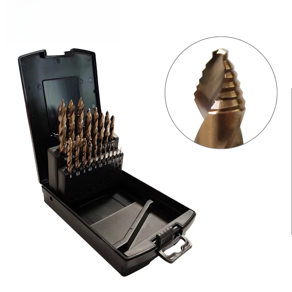 19PCS Stepped Point Cobalt Drill Bit Set, 1- 10mm DIN338 Heavy Duty M35 HSS Co5% Fast Drilling for Stainless Steel Metal Sheet