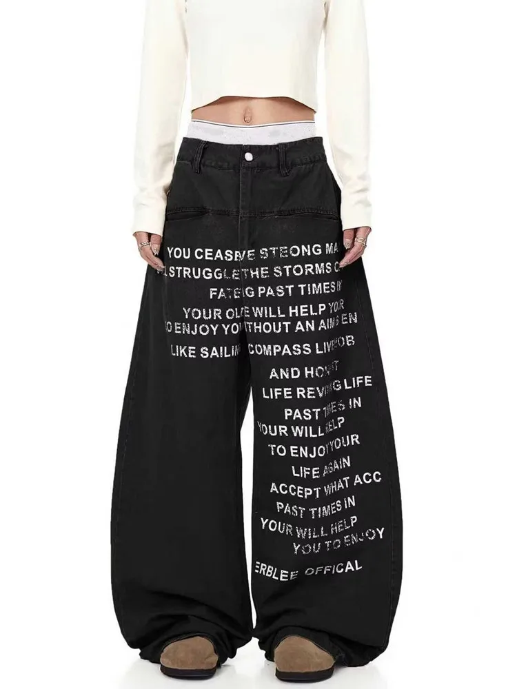 2025 American Retro Y2K Style Letter Printed Black Baggy Women's Jeans Pants Streetwear Woman Clothing Straight Long Trousers