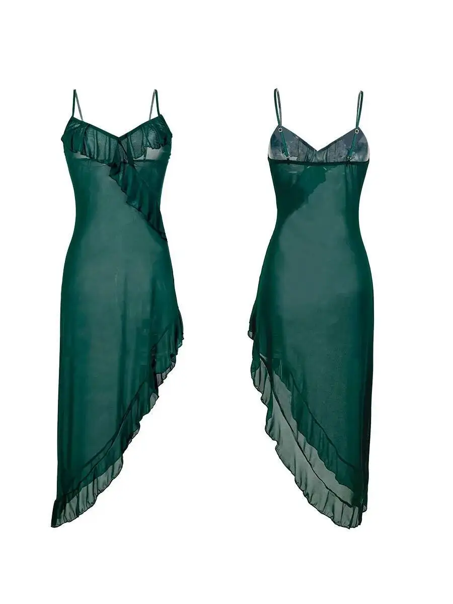 Camisón de malla con volantes y tirantes, dobladillo Irregular transparente, ropa de dormir Sexy de Color sólido sin espalda, tirantes en V profundo, vestido sin mangas NH3R